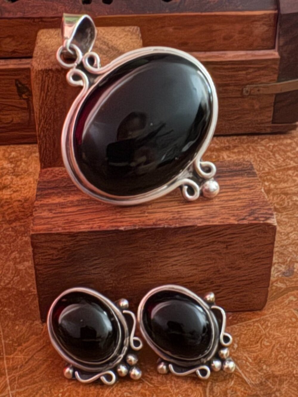 Onyx Pendant & Earrings - Mexico sterling silver 925 - 51.8 grams
